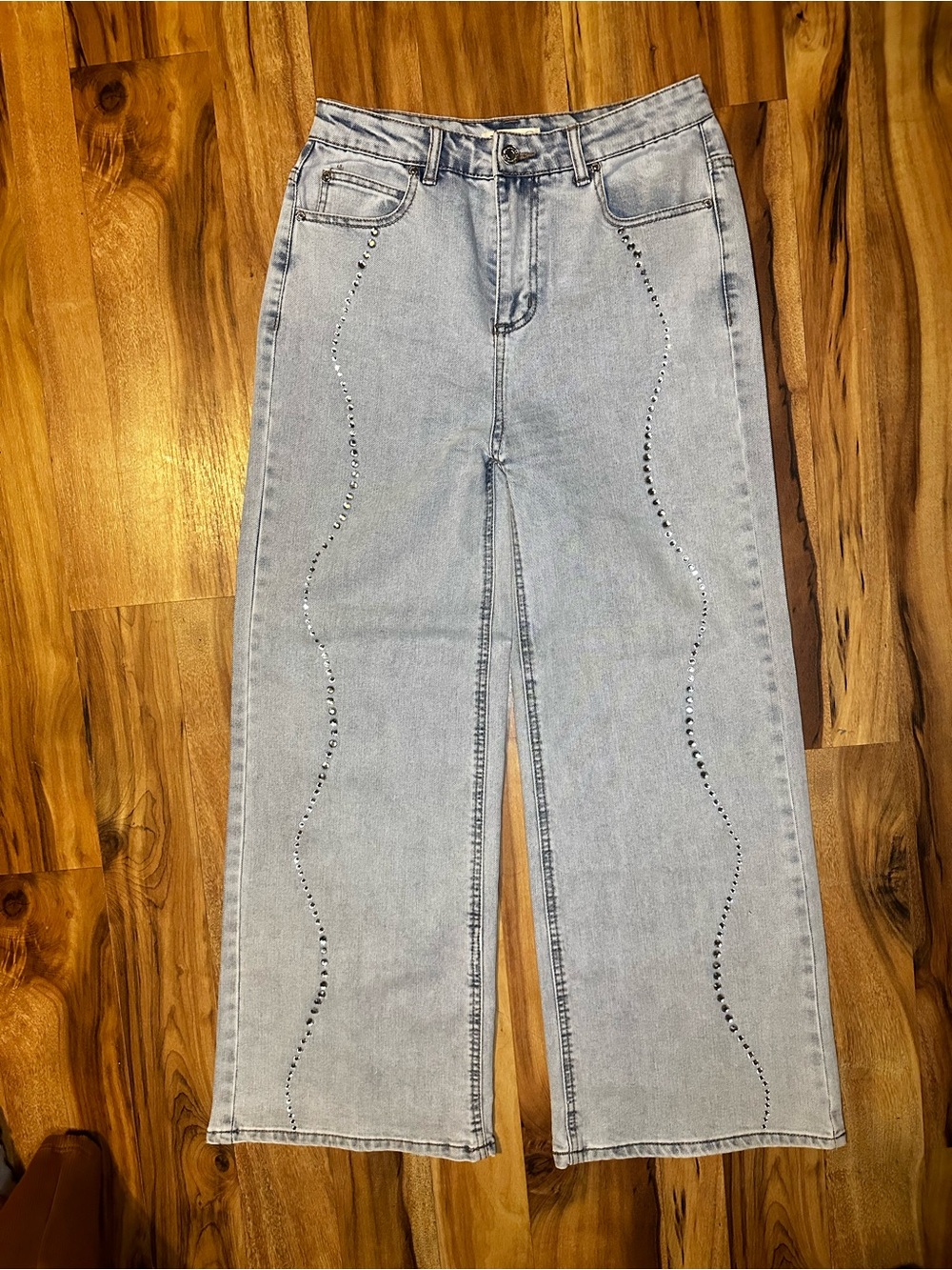 OAT New York Wide Leg Jeans Women’s 4/27 Light Wash Rhinestone Trim Denim Pants